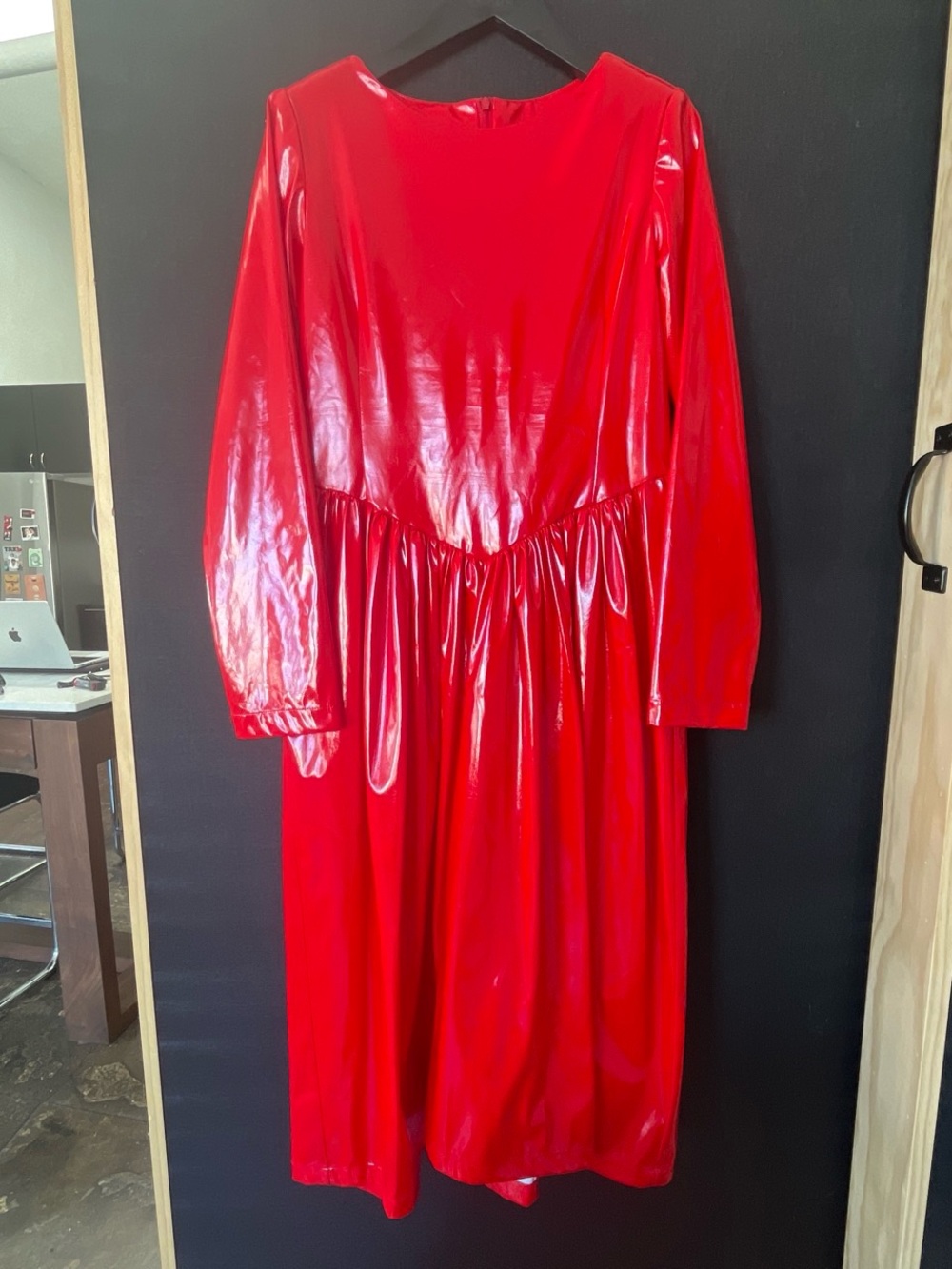 BATSHEVA Red Vinyl Long Sleeve Midi Dress